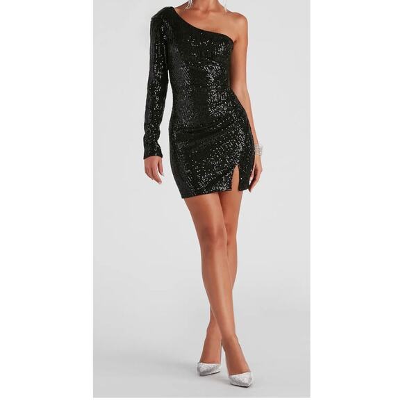 Black Sequin One-Shoulder Long Sleeve Mini Bodycon 
Dress Size Small - Picture 1 of 4